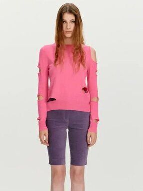 THE OPEN PRODUCT YY Pink Wool Sweater S Cut Out Distressed Korean Designer Rare